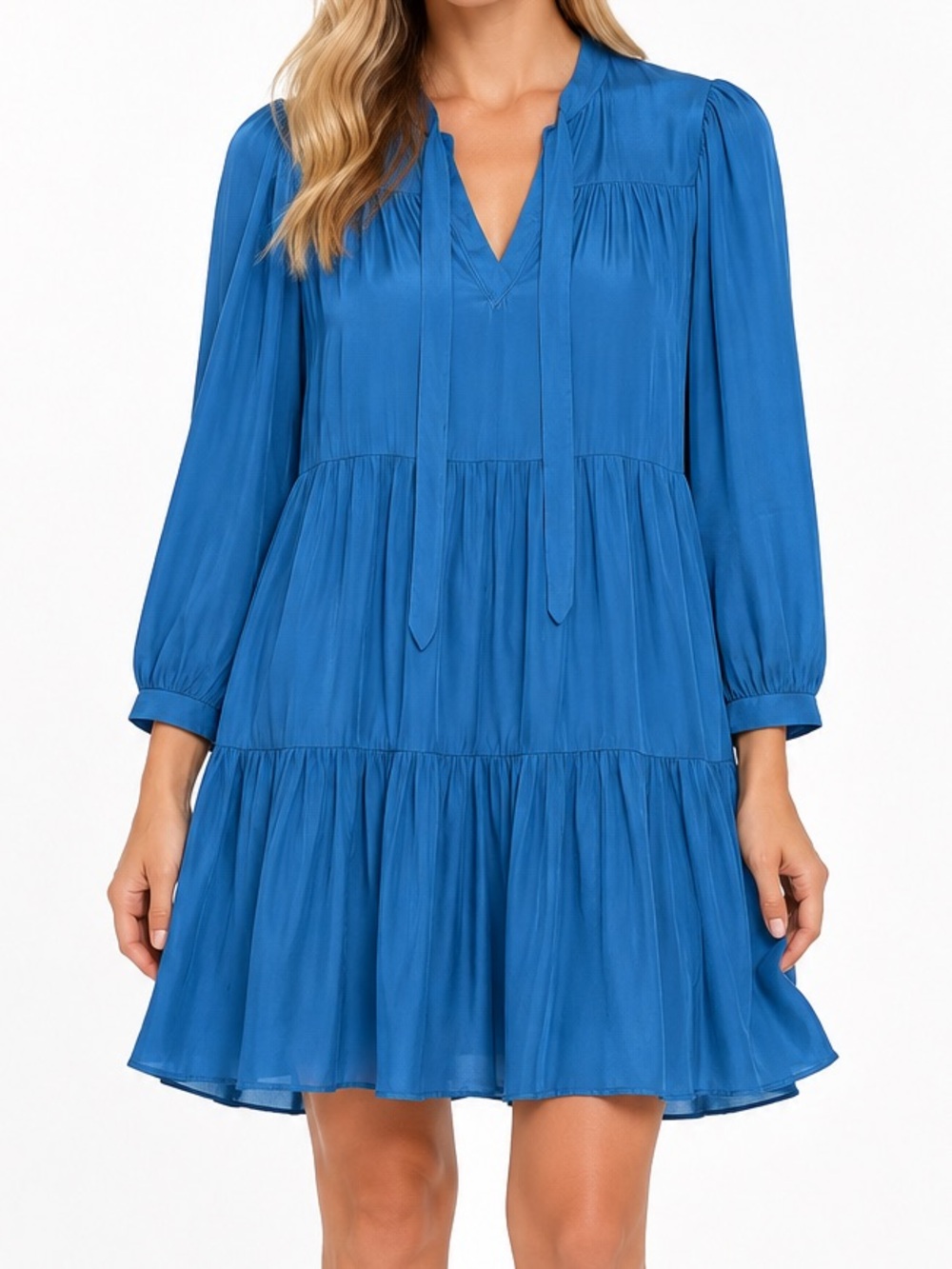 Honorine Camille Trapeze Tiered Babydoll 3/4 Sleeve Dress Shadow Blue Medium